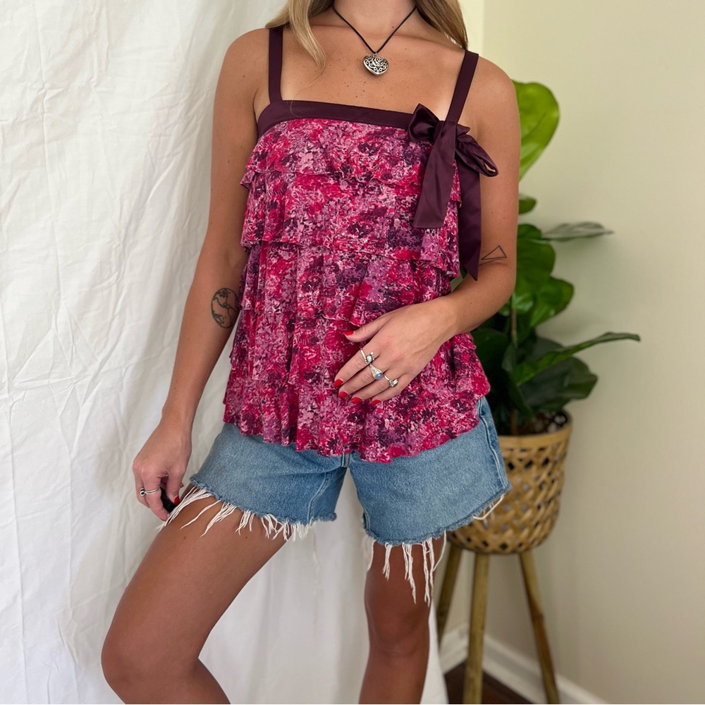 Pink Floral Bow Detail Ruffle Tank Top